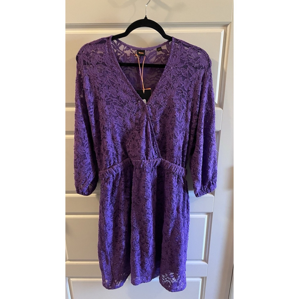 BOSS Women's Dorena Solid-Color Elbow-Sleeve A-Line Dress Purple Size Large!
